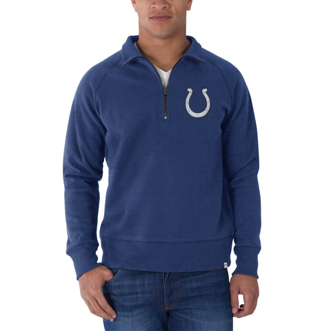 Shoppen Sie das blaue Pullover-Sweatshirt „Indianapolis Colts 47 Brand“ mit Kreuzkaromuster und 1/4-Reißverschluss – sportlich