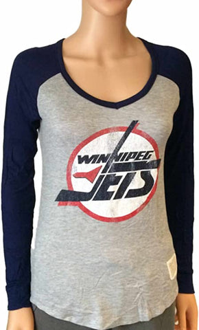 Camiseta de manga larga con cuello en V de dos tonos azul marino de marca retro Winnipeg Jets para mujer - sporting up
