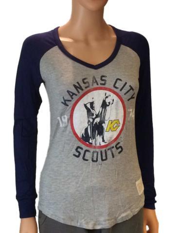 Compre camiseta LS con cuello en V de dos tonos azul marino de marca retro de Kansas City Scouts para mujer - sporting up