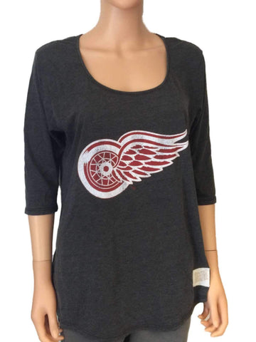 Detroit Red Wings Retro-Damen-T-Shirt in Grau mit 3/4-Ärmeln und U-Ausschnitt – sportlich