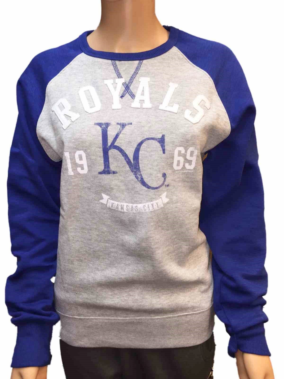 Kansas City Royals SAAG Women Gray Blue Pullover Fleece Crew