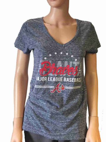 Shoppen Sie das lockere, weiche Baseball-T-Shirt „Atlanta Braves Saag“ für Damen in Marineblau mit V-Ausschnitt – sportlich