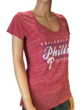 Philadelphia Phillies SAAG Women Red Loose Soft Baseball V-Neck T-Shirt - Sporting Up