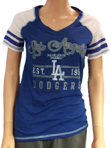 Los Angeles Dodgers SAAG Women Blue Light Baseball Tri-Blend V-Neck T-Shirt - Sporting Up