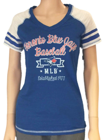 Toronto Blue Jays SAAG Women Blue Light Baseball Tri-Blend V-Neck T-Shirt