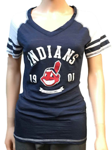 Camiseta de tres mezclas con cuello en V de béisbol azul marino claro de los Indios de Cleveland saag para mujer - sporting up