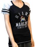 Miami Marlins SAAG Women Black Light Baseball Tri-Blend V-Neck T-Shirt - Sporting Up