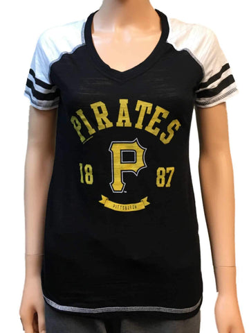 Kaufen Sie „Pittsburgh Pirates Saag“-T-Shirt für Damen mit schwarzem, leichtem Baseball-Tri-Blend und V-Ausschnitt – sportlich