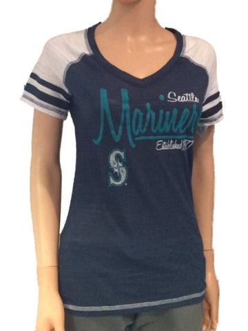 Seattle Mariners SAAG Women Navy Light Baseball Tri-Blend V-Neck T-Shirt