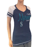 Camiseta de tres mezclas con cuello en V de béisbol azul marino claro para mujer Seattle Mariners Saag - sporting up