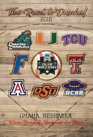 póster impreso del equipo The Road to Omaha 8 de la Serie Mundial Universitaria de Béisbol de la NCAA 2016 - Sporting Up