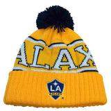 LA Galaxy MLS Adidas Yellow Acrylic Knit  Beanie Hat Cap with Large Poof Ball - Sporting Up