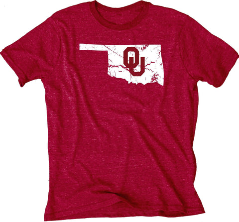 Shop Oklahoma Sooners Blue 84 Red State Outline Tri-Blend Short Sleeve T-Shirt - Sporting Up