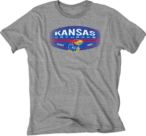 Kansas Jayhawks Blue 84 Gray Soft Tri-Blend Short Sleeve T-Shirt - Sporting Up