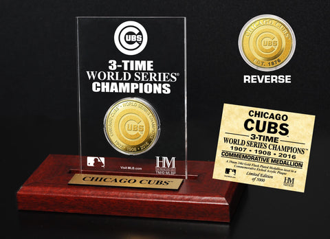 Chicago Cubs 3-Time World Series Champions 24K Gold Coin Etched Acrylic Plaque - Sporting Up
