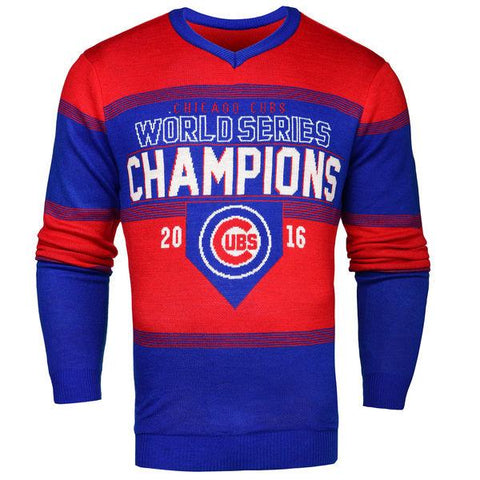 Compre suéter feo a rayas rojas y azules de los campeones de la serie mundial 2016 de los Chicago Cubs - sporting up