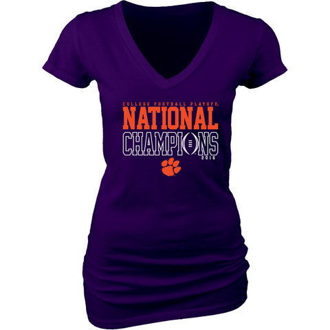 Shop Clemson Tigers JR WOMEN 2016 College Football Champions Purple V-Neck T-Shirt - Sporting Up