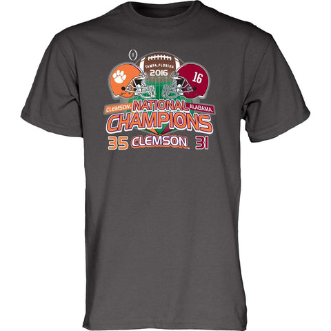 Camiseta con puntuación de cascos de duelo de campeones de fútbol universitario de Clemson Tigers 2016 - Sporting Up