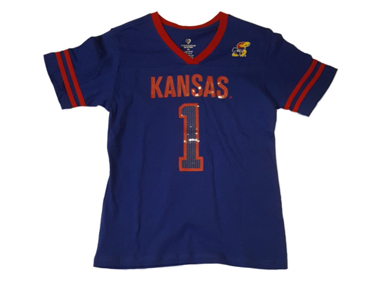 Kansas Jayhawks Colosseum Girls Blue Sequin Logo SS Jersey Style T-Shirt  (XL)