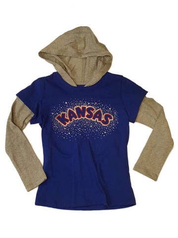Kansas Jayhawks Colosseum Girls Blue Metallic Star Logo LS Hooded T-Shirt (XS) - Sporting Up