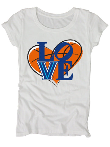 Shop Villanova Wildcats Blue 84 JR WOMEN Love Basketball Heart White Cotton T-Shirt - Sporting Up