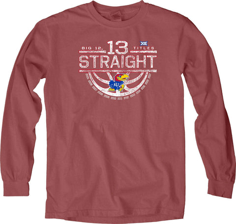 Shop Kansas Jayhawks 13 Straight Big 12 Basketball Champions Long Sleeve Red T-Shirt - Sporting Up
