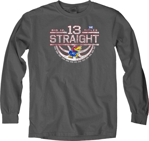 Kansas Jayhawks 13 Straight Big 12 Basketball Champs Long Sleeve Gray T-Shirt - Sporting Up