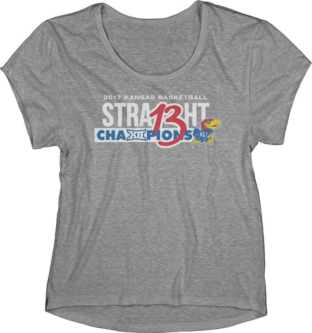 Shop Kansas Jayhawks 13 Straight Basketball Big 12 Champion WOMEN Gray T-Shirt - Sporting Up