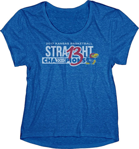Kansas jayhawks 13 recta baloncesto big 12 campeón mujer camiseta azul - sporting up