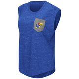 Kansas Jayhawks Colosseum WOMEN Blue Distressed Pocket Capped Sleeve T-Shirt - Sporting Up