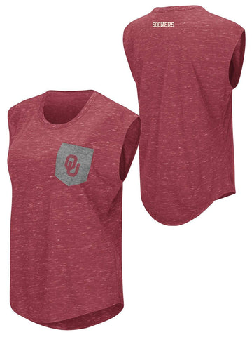 Camiseta de manga corta con bolsillo desgastado rojo para mujer del Coliseo de Oklahoma Sooners - sporting up