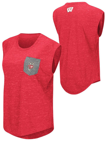 Shop Wisconsin Badgers Colosseum WOMEN Red Distressed Pocket Capped Sleeve T-Shirt - Sporting Up
