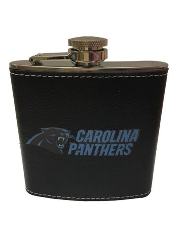 Carolina Panthers Boelter Brands Flacon enveloppé de cuir noir en acier inoxydable de 6 oz - Sporting Up