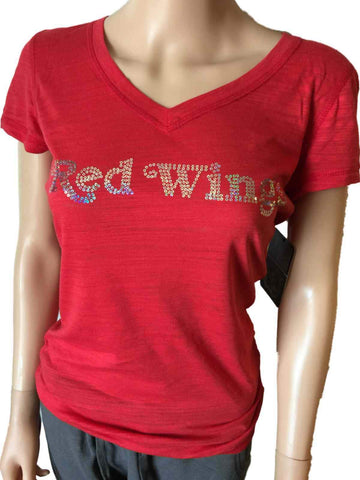 Detroit Red Wings Saag Damen-T-Shirt mit rotem Pailletten-Burnout-SS-V-Ausschnitt – sportlich