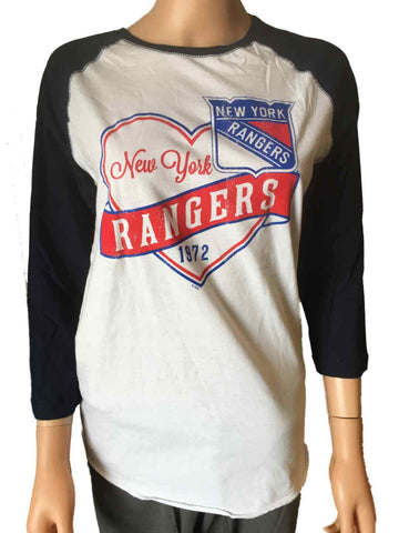 New York Rangers Saag Damen-T-Shirt aus 100 % Baumwolle in Weiß und Marineblau mit 3/4-Ärmeln – sportlich