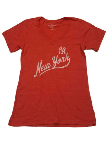 New York Yankees Saag Damen-T-Shirt mit rotem, verblasstem Logo, ultraweich, V-Ausschnitt – sportlich