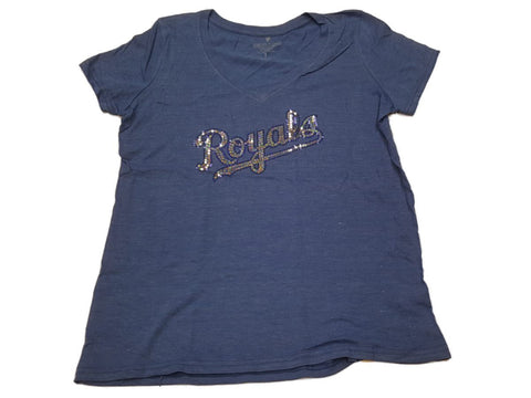 Kansas City Royals Saag Damen-Burnout-Pullover mit blauem Pailletten-Logo in Übergröße, V-Ausschnitt – sportlich