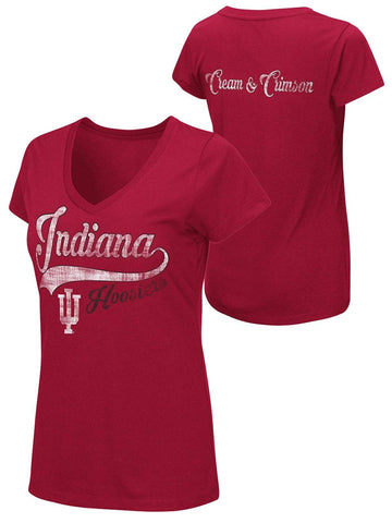 Indiana Hoosiers Colosseum Damen-T-Shirt mit V-Ausschnitt in Rot, Creme und Purpur – sportlich
