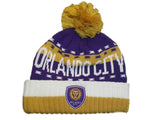 Orlando City SC Adidas Team Color Thick Knit Cuffed Beanie Hat Cap with Poof - Sporting Up