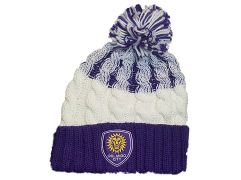 Orlando City SC Adidas White Purple Thick Knit Cuffed Beanie Hat Cap with Poof - Sporting Up