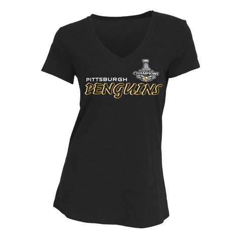 Camiseta negra con cuello en V para mujer de los campeones de la Copa Stanley de los Pittsburgh Penguins 2017 - sporting up