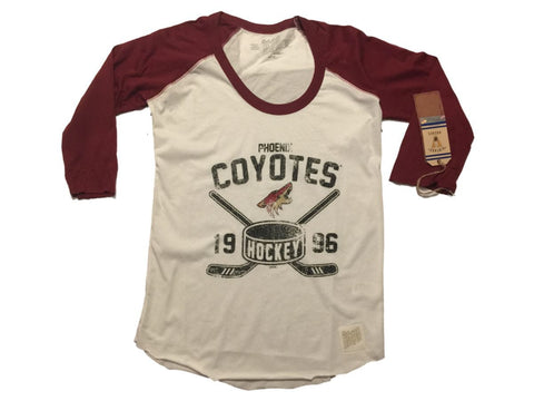 Kaufen Sie Phoenix Coyotes Retro-Damen-T-Shirt in Weiß und Kastanienbraun mit 3/4-Ärmeln – sportlich