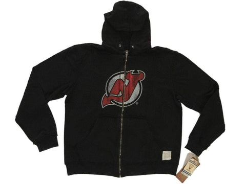 Shop New Jersey Devils Retro Brand Black Full Zip Up Waffle Hooded Jacket - Sporting Up