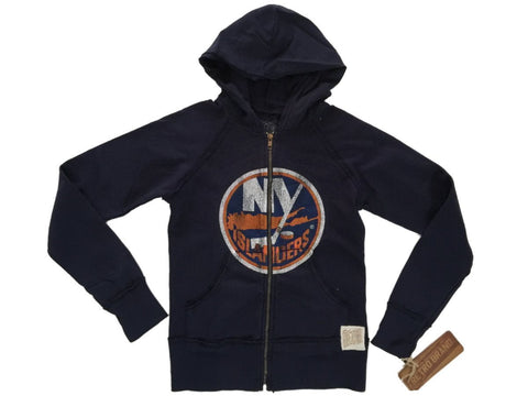 Shoppen Sie die Retro-Marke „New York Islanders“ für Damen in Marineblau mit durchgehendem Reißverschluss und Kapuzenjacke aus Fleece – sportlich