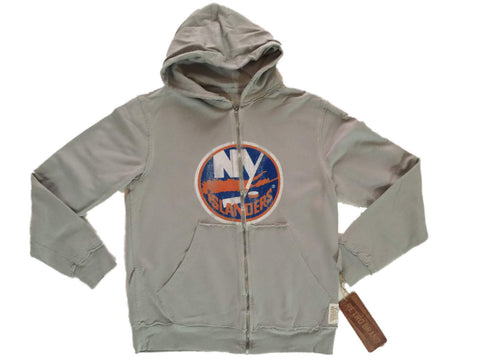 Shoppen Sie die graue Retro-Kapuzenjacke der New York Islanders mit durchgehendem Reißverschluss und Waffelmuster – sportlich