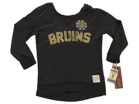 Shop Boston Bruins Retro Brand WOMEN Black Wide Neck Scoop Back Long Sleeve T-Shirt - Sporting Up
