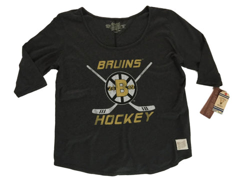 Shop Boston Bruins Retro Brand WOMEN Black Oversized Wide Neck 3/4 Sleeve T-Shirt - Sporting Up
