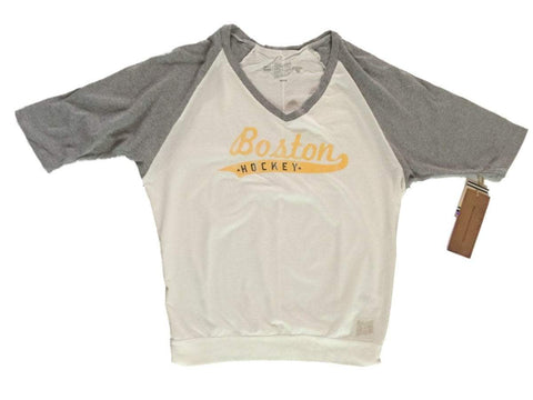 Shop Boston Bruins Retro Brand WOMEN White Gray Half Sleeve V-Neck T-Shirt - Sporting Up