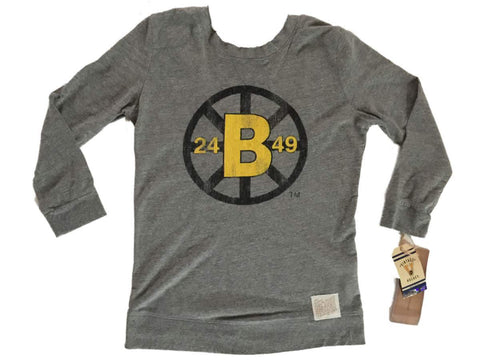Shop Boston Bruins Retro Brand WOMEN Gray Wide Neck Scoop Back Long Sleeve T-Shirt - Sporting Up
