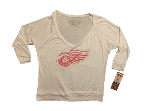 Detroit Red Wings Retro-Damen-T-Shirt mit 3/4-Ärmeln, dehnbarem V-Ausschnitt, weiß – sportlich